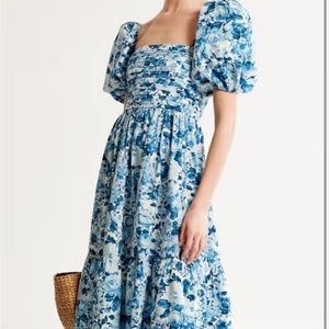 ABERCROMBIE BLUE FLORAL Emerson Poplin Puff Sleeve Midi Dress